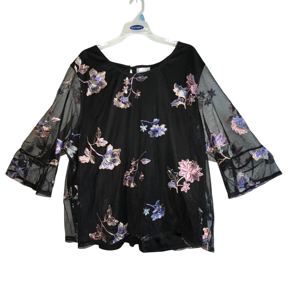Catherines‎ Petite 3XWP Black Floral Embroidered Mesh Blouse 3/4 Bell Sleeve Top